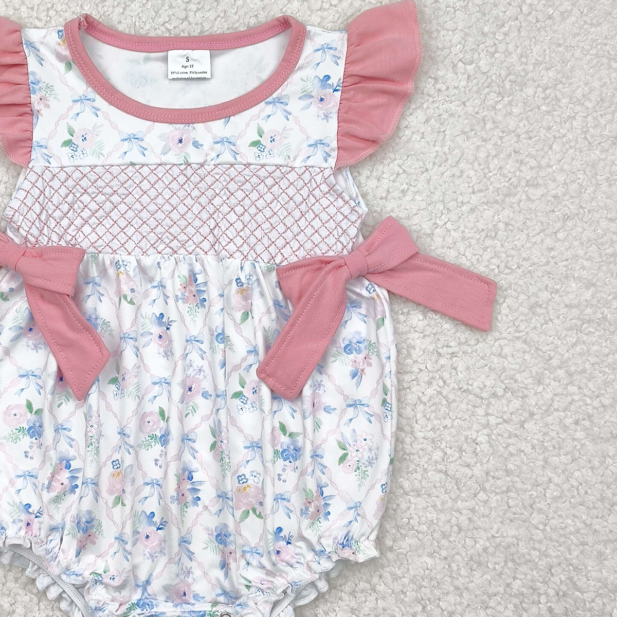 4.23 SR2923 RTS NO MOQ Baby Girls Summer Rompers Embroidery Baby Infant Girls Pink Flutter Sleeves Floral Bows Top Ruffle Rompers