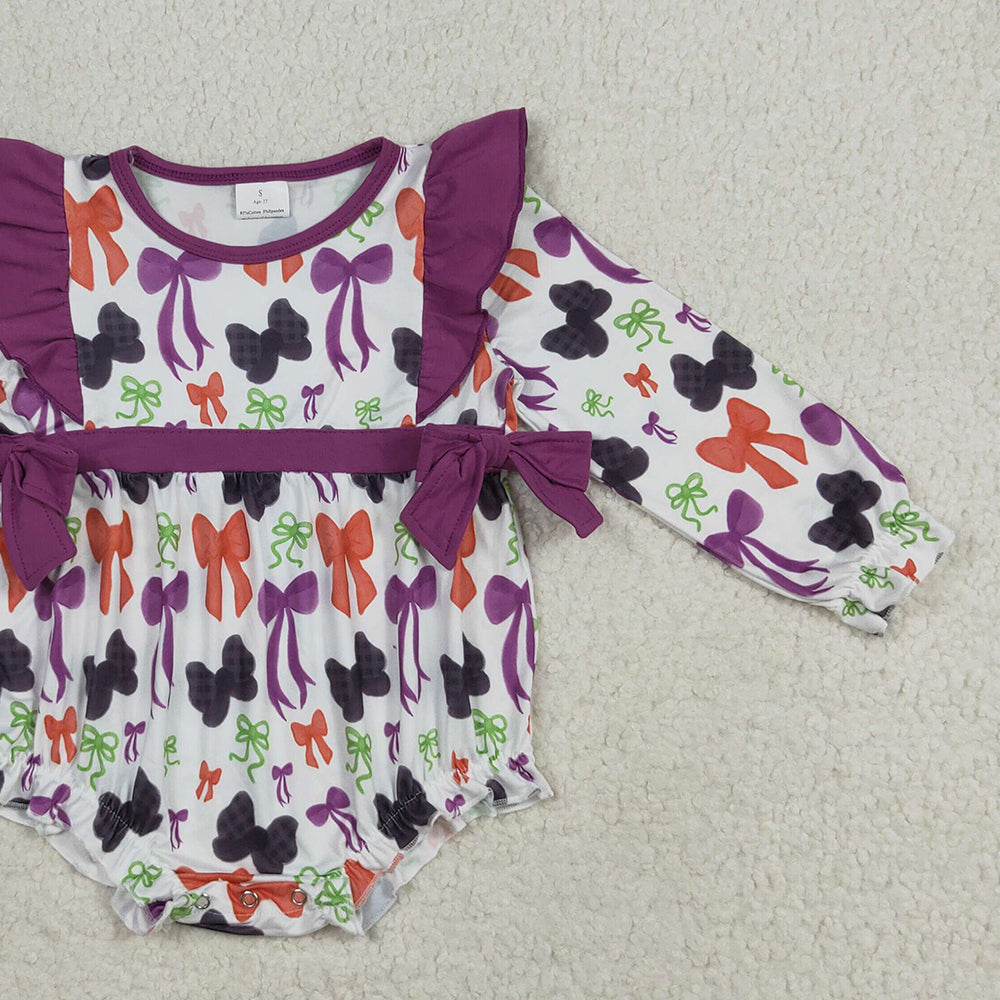 RTS NO MOQ （In stock）LR2285 Baby Girls Winter Rompers Baby Girls Halloween Colorful Purple Bows Ruffle Rompers
