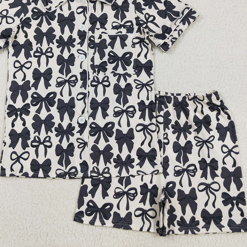 8.15 RTS NO MOQ （In stock）GSSO2664 Adult women's pajamas set Adult Women Short Sleeves Black Bows Button Pocket Top Short Pajamas Sets