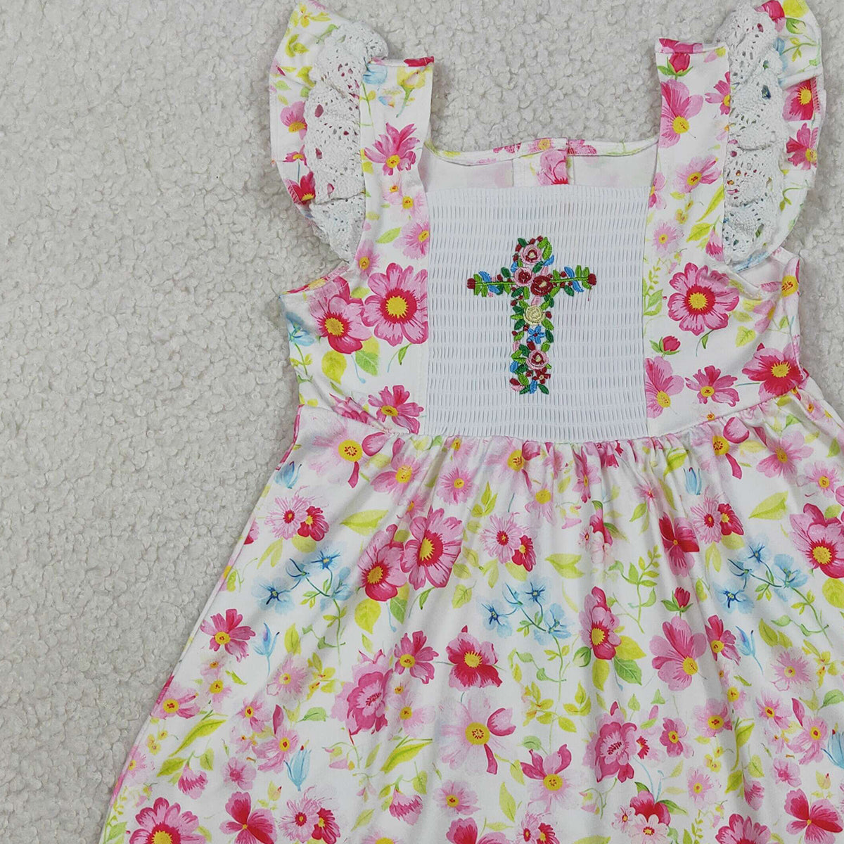 3.31 RTS NO MOQ （In stock）GSD3313 Floral flutter sleeves cross embroidery girls Easter dresses
