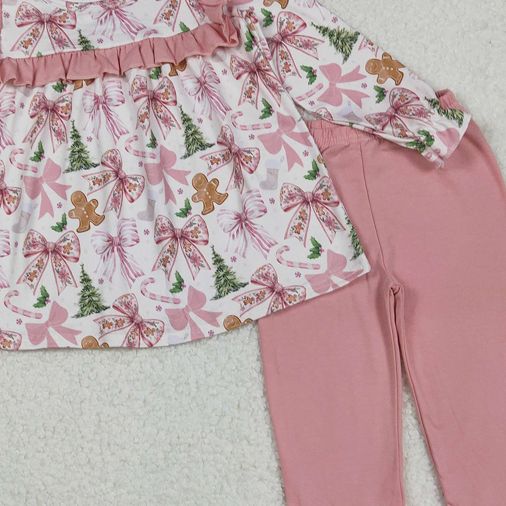 RTS NO MOQ （In stock）GLP2541 Baby Girls Winter Outfits Pink Bow Gingerbread Tunic Pants Set Christmas Theme Clothing for Kids