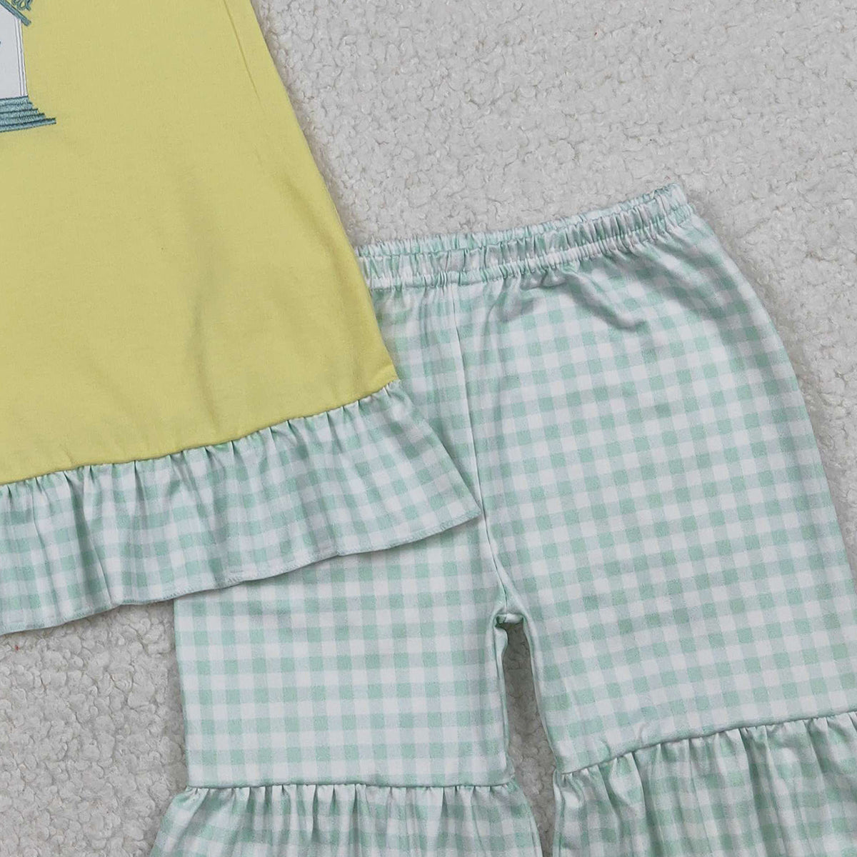 1.13 RTS NO MOQ （In stock）GSSO2966 Embroidery Church Cross Baby Girls Tunic Checked Ruffle Shorts Easter Clothes Sets