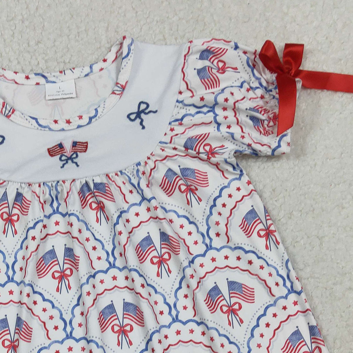 2.9 RTS NO MOQ （In stock）GSD3525 Kids Clothing for Girls Baby Girls Checked Knee Length Dress Embroidered Bows Flags 4th of July Outfit