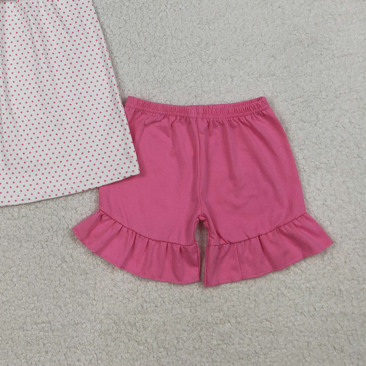 3.20 RTS NO MOQ （In stock）GSSO3019 Kids Clothing for Baby Girls Sleeveless Embroidery Cross Sheep Polka Dots Tunic Ruffle Shorts Clothes Sets