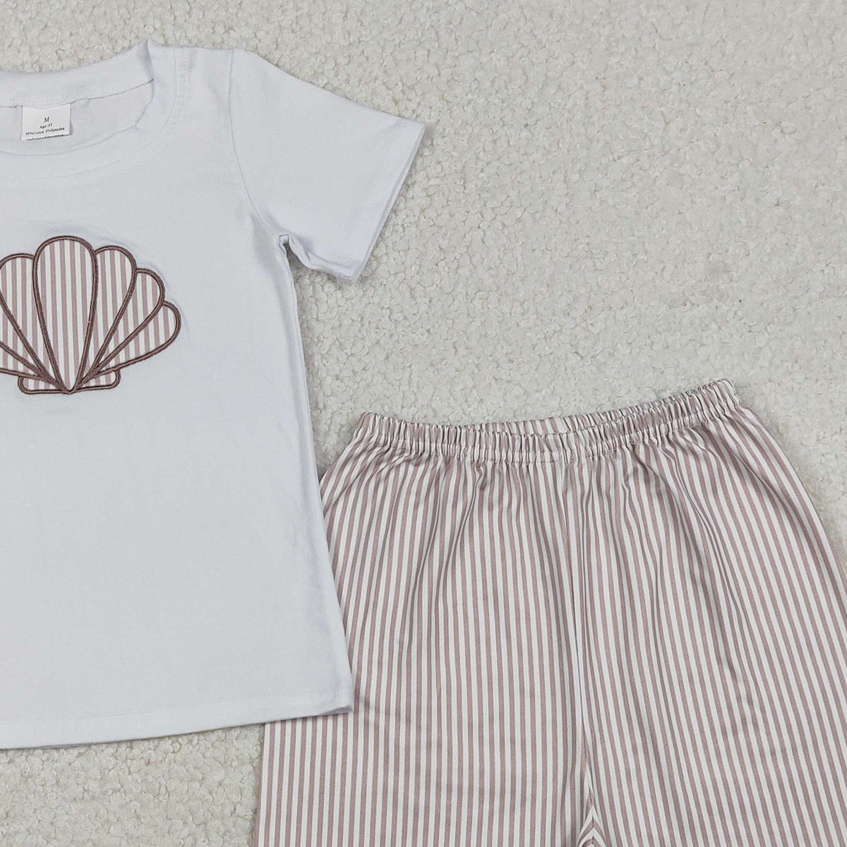 12.23 RTS NO MOQ （In stock）BSSO1618 Embroidery Shells Baby Boys Shirt Top Stripe Shorts Clothes Sets