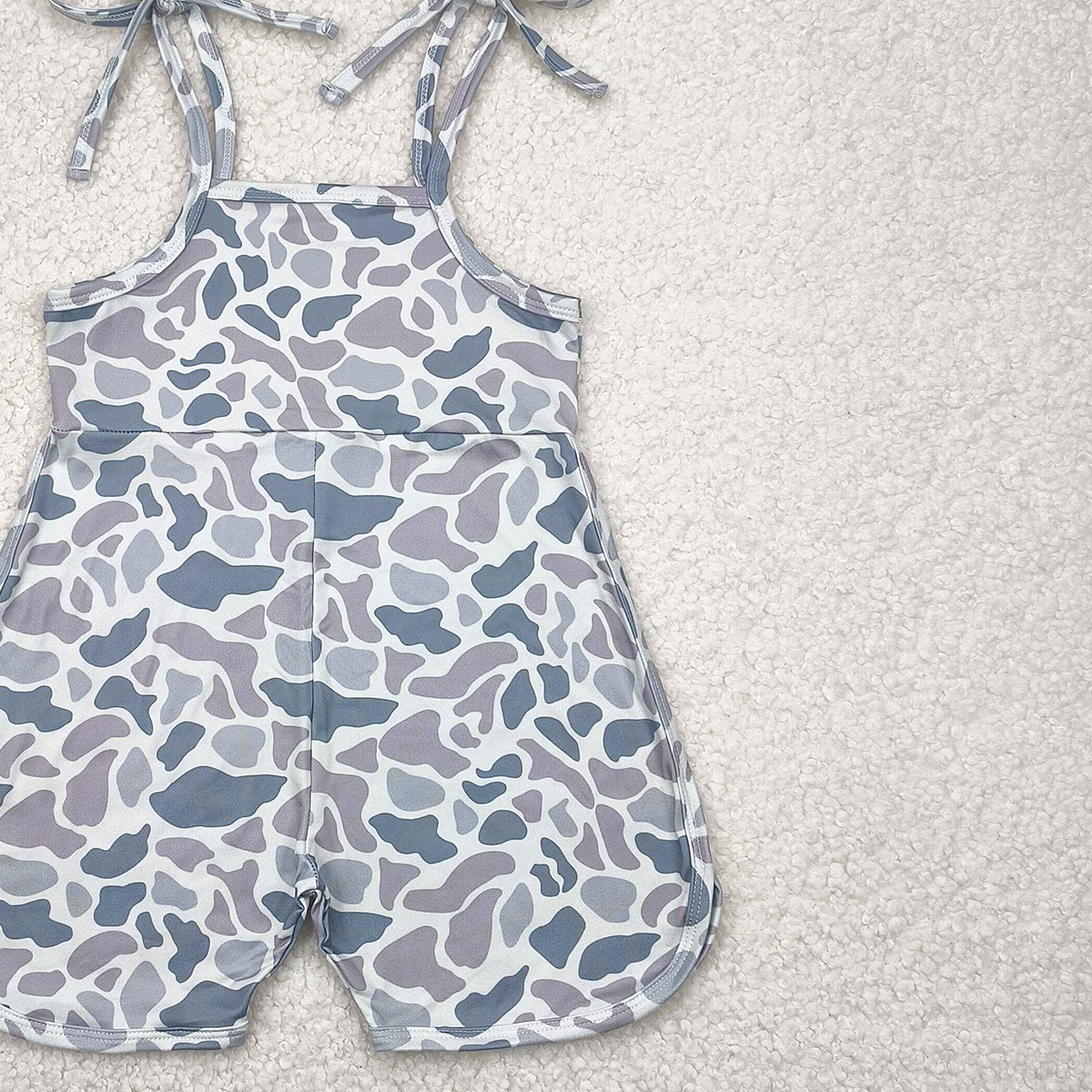 USA Shop (in stock) SR2827 RTS NO MOQ  Baby Girls Summer Jumpsuits Grey camo straps shorts length kids girls jumpsuit