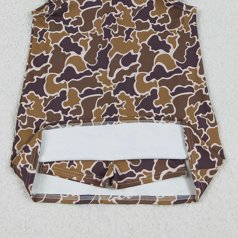 RTS NO MOQ （In stock）GSD2722 Baby Girls Yoga Dress Strap Brown Camo Pockets Yoga Active Knee Length Dresses