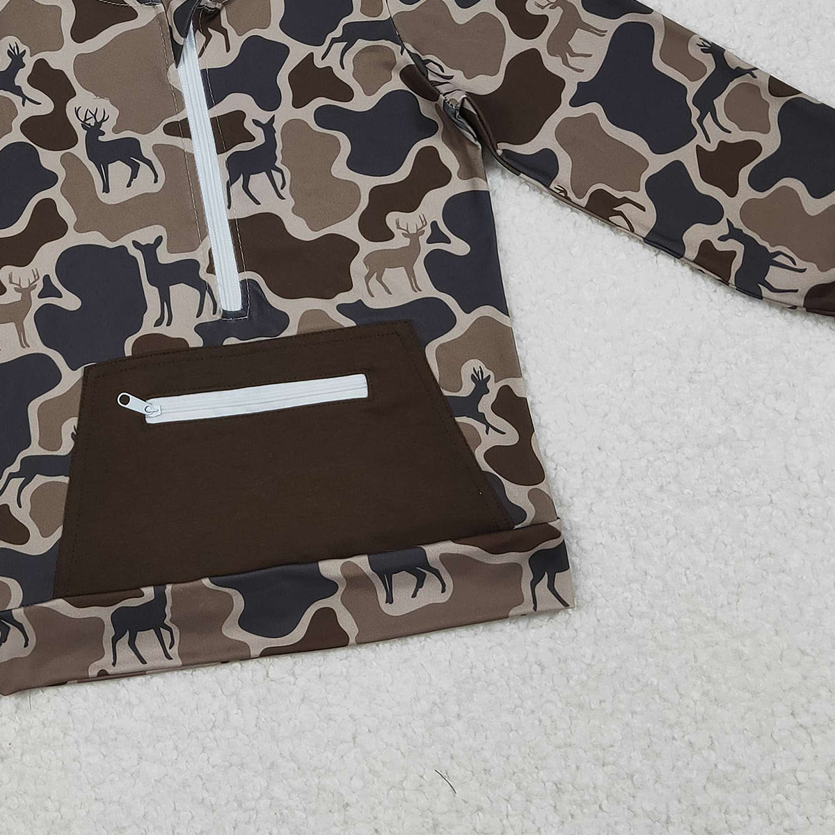 11.11 RTS NO MOQ （In stock）BT1348 Baby Boys Brown Deer Camo Pocket Zipper Hunting Hoodies Top