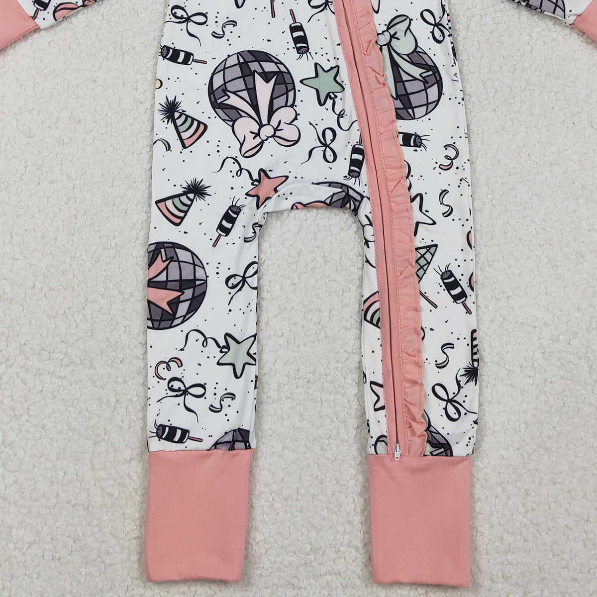 10.22 RTS NO MOQ （In stock）LR2571 Baby Girls Winter Rompers Baby Girls Happy New Year Ruffle Zipper Footie Rompers