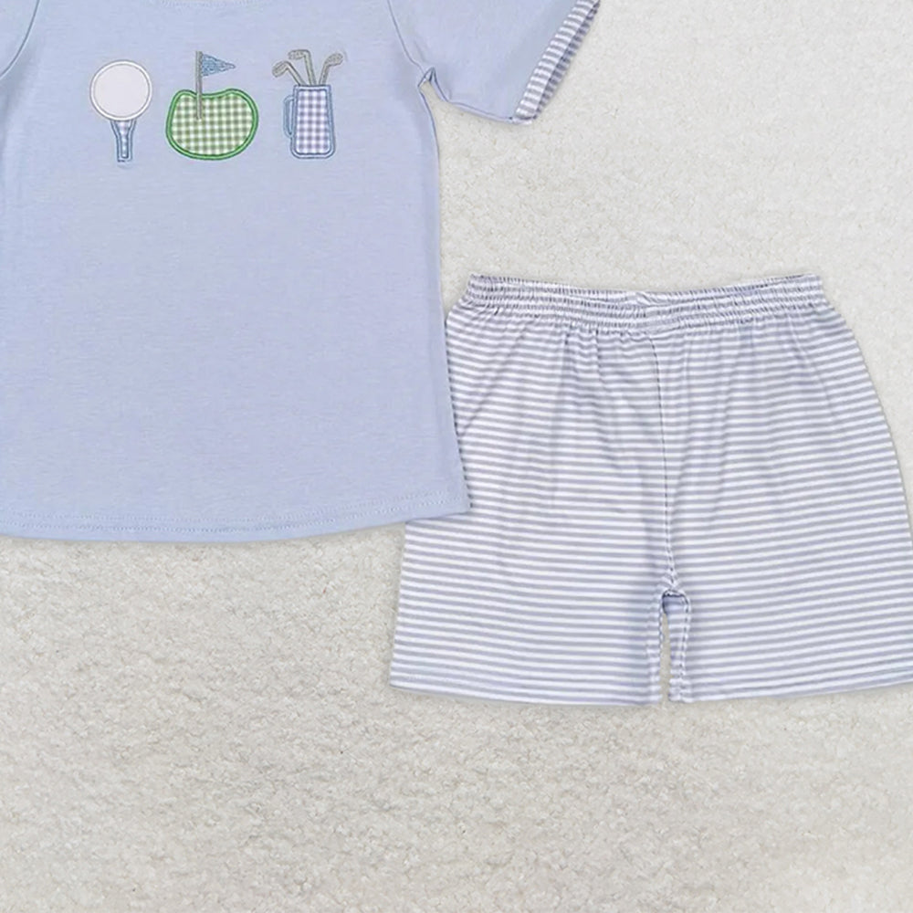 BSSO0686 RTS NO MOQ Baby Boys Summer Boys Outfits Baby Boys Blue Golf Tee Shirt Stripes Shorts Clothes Sets