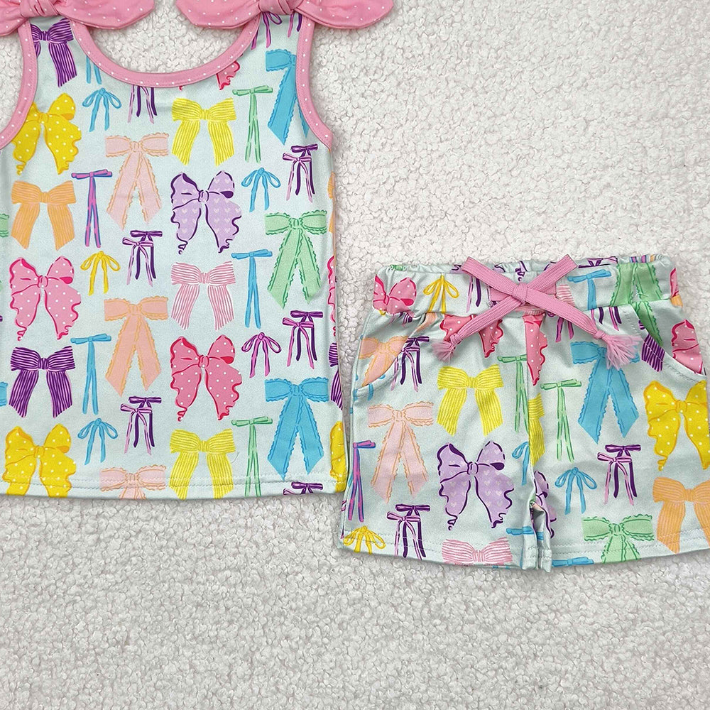 6.09   GSSO2188RTS NO MOQ Baby Girls Summer Outfits baby girl clothes bow sleeveless shorts set