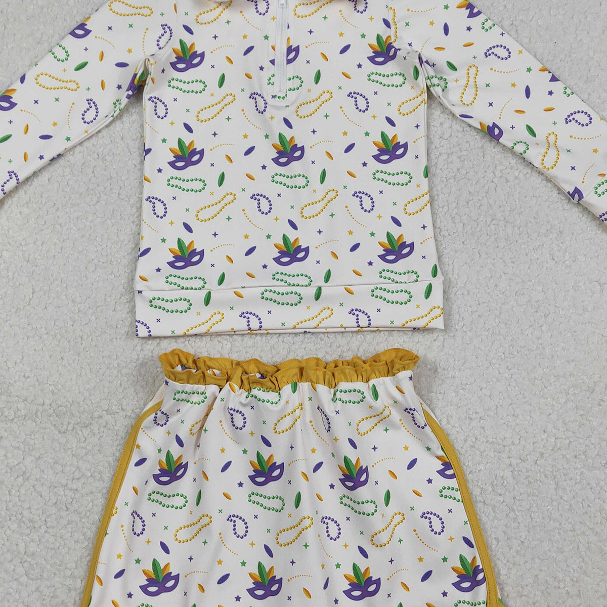 12.29 RTS NO MOQ （In stock）GLD1370 Baby Girls Mardigras Anchors Masks Zip Pullovers Skirt Shorts Yoga Clothes Set