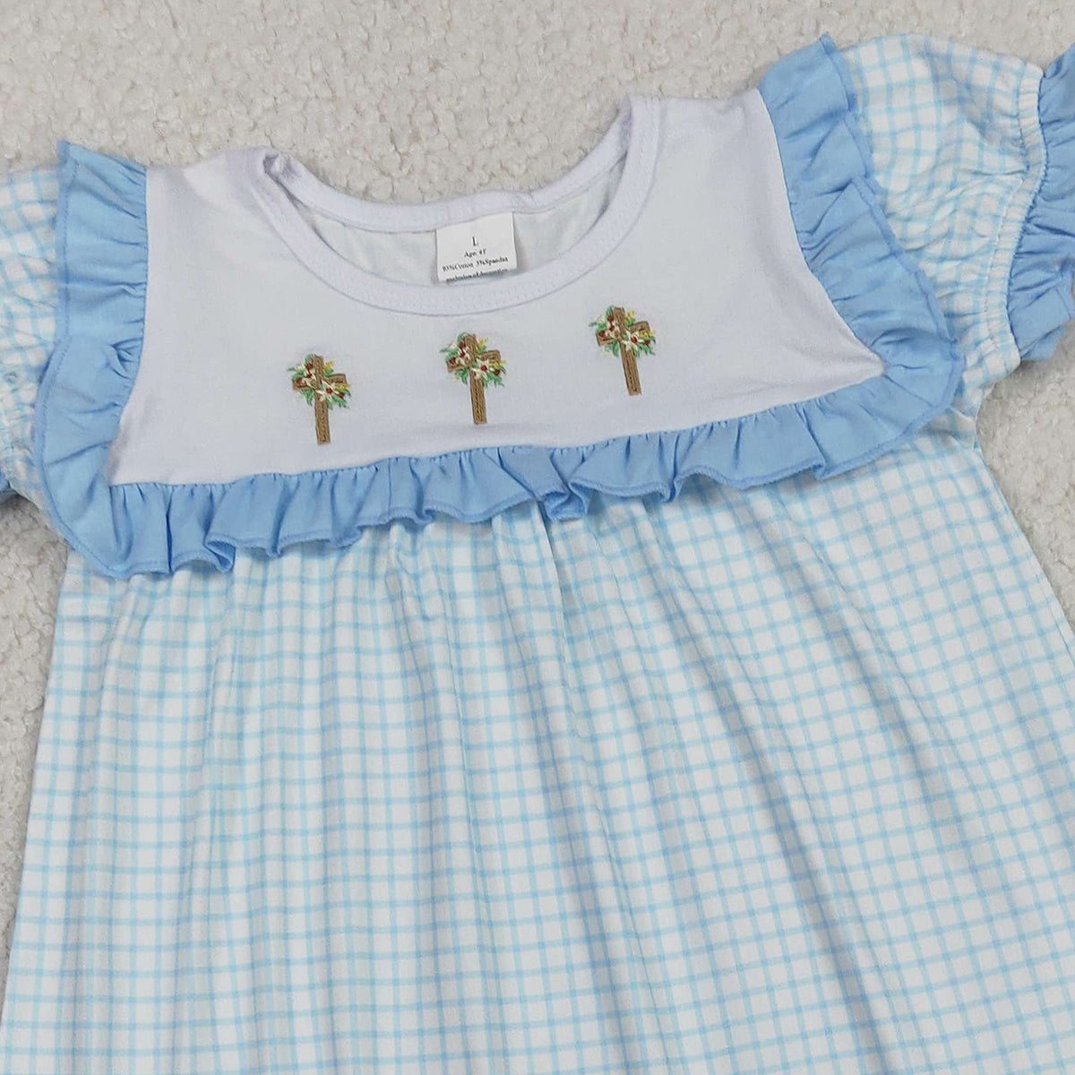 12.12 RTS NO MOQ （In stock）GSD2851 Embroidery Crosses Baby Girls Blue Checked Easter Knee Length Dresses