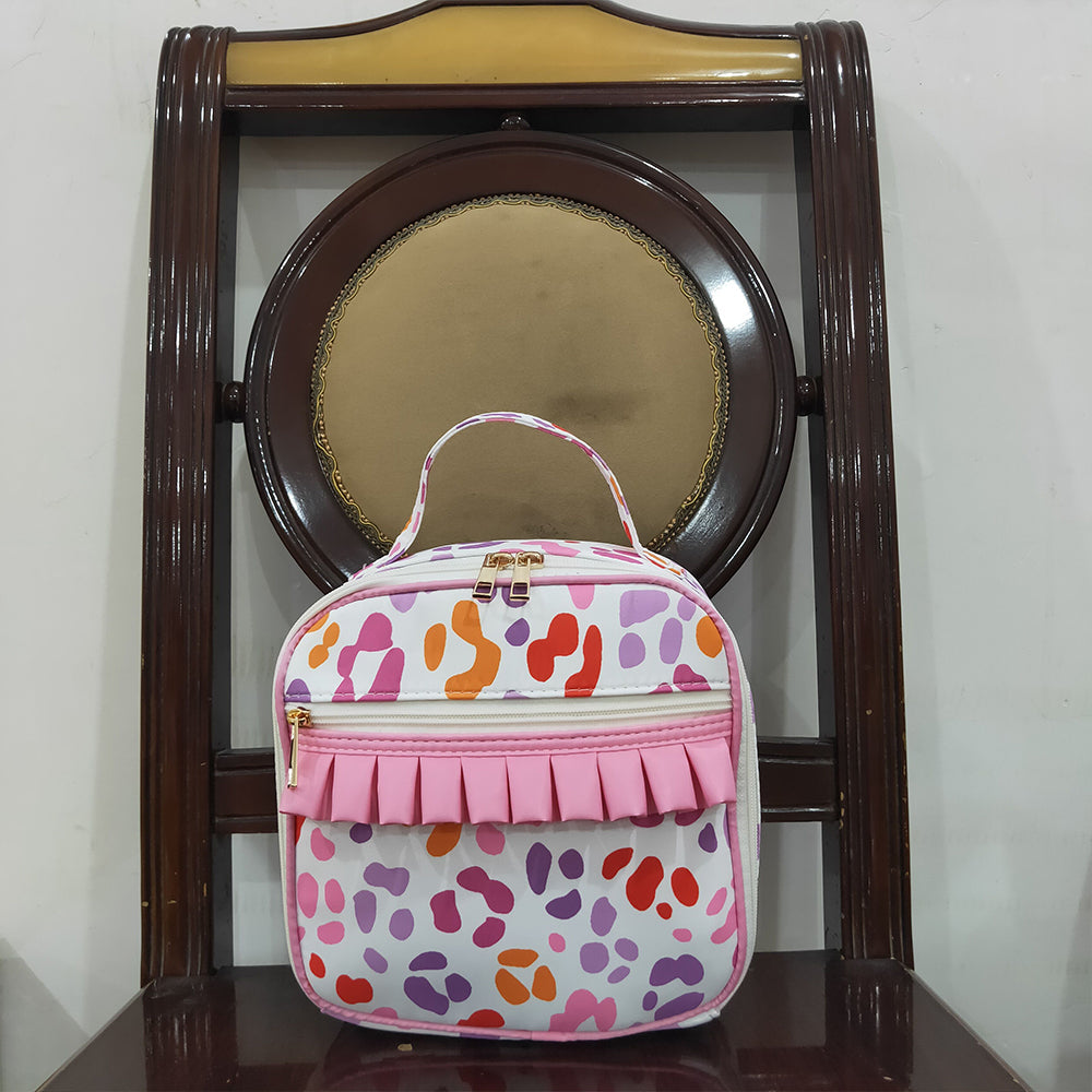 RTS NO MOQ （In stock）BA0309 Baby Bags Baby Girls Pink Leopard Ruffle School Bags Lunch Boxes