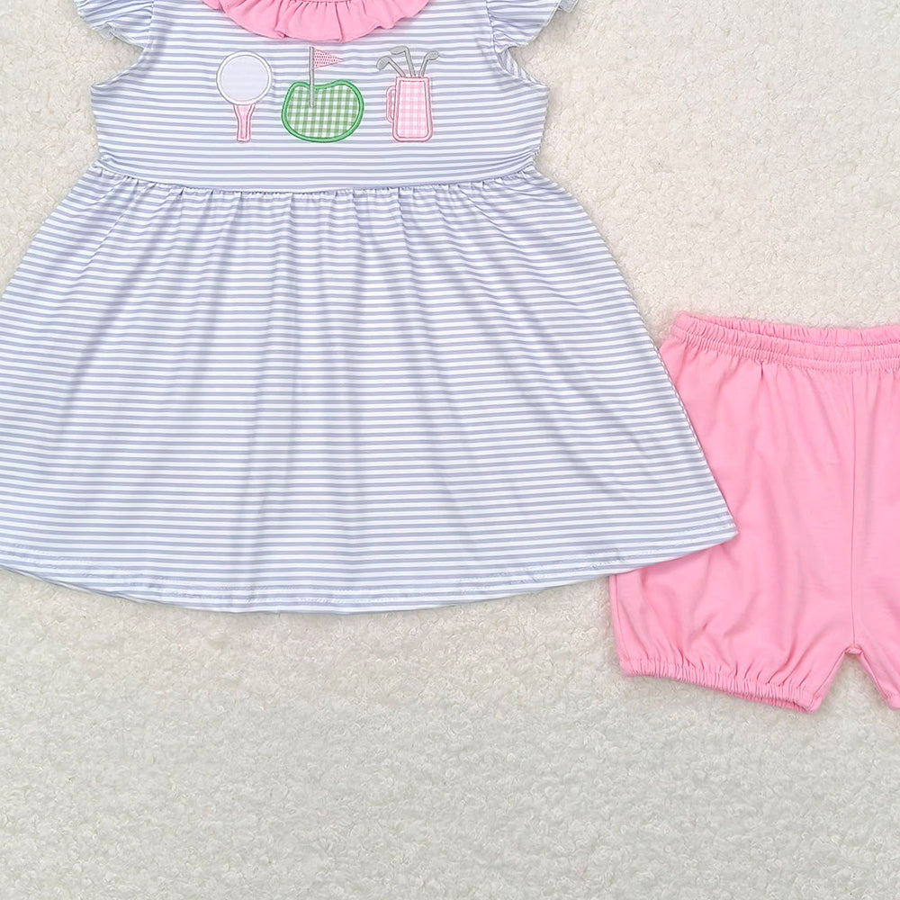 4.22 GSSO0767  RTS NO MOQ Flutter sleeves stripe golf tunic pink shorts girls clothes