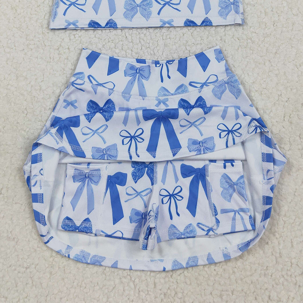 RTS NO MOQ （In stock）GSD2640 Baby Girls Yoga Outfits Baby Girls Sleeveless Blue Bows Vest Top Short Skirts Yoga Sets