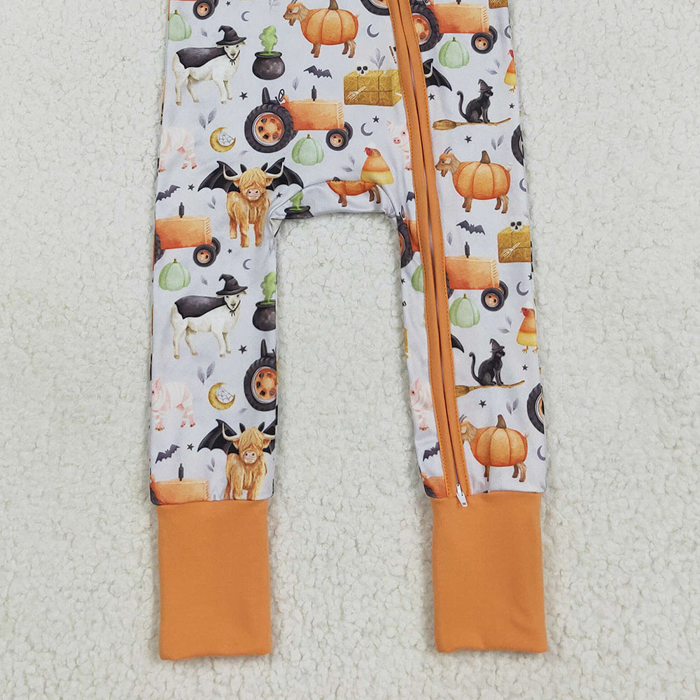 8.22 RTS NO MOQ （In stock）LR2444 Baby Girls Winter Rompers Baby Girls Farm Bats Pumpkins Halloween Zipper Footie Rompers