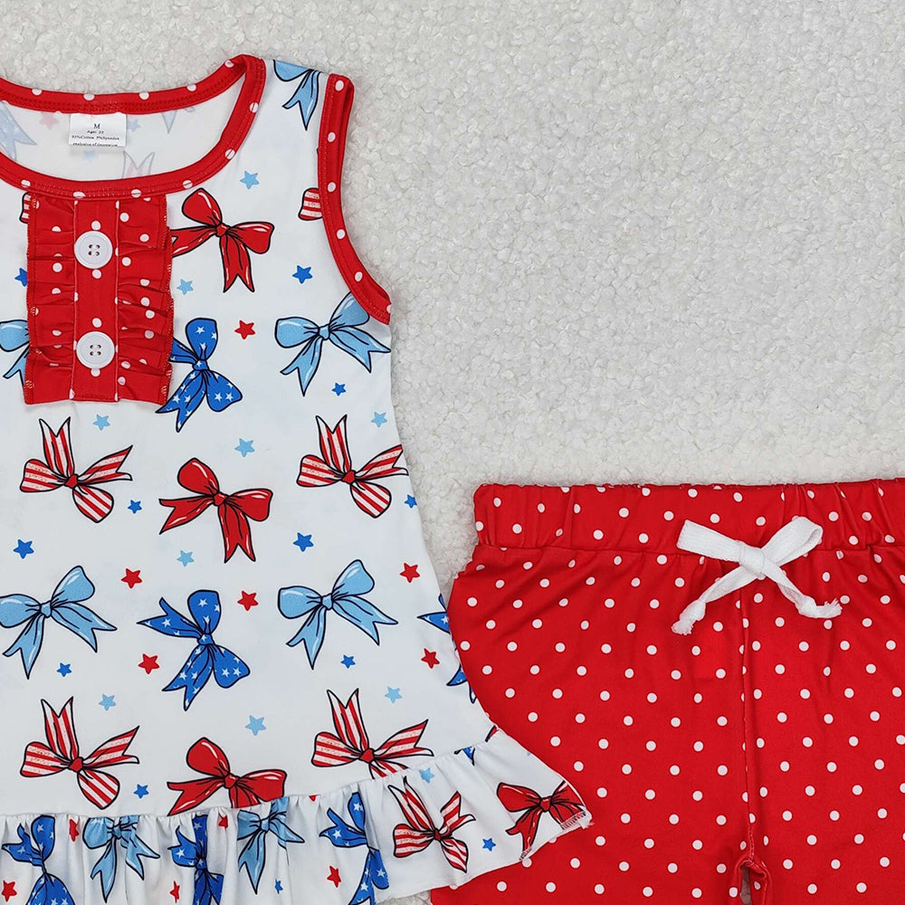 GSSO1991Girls Sleeveless Stars And Stripes Bow Clothing 4th of July Patriotic Outfit