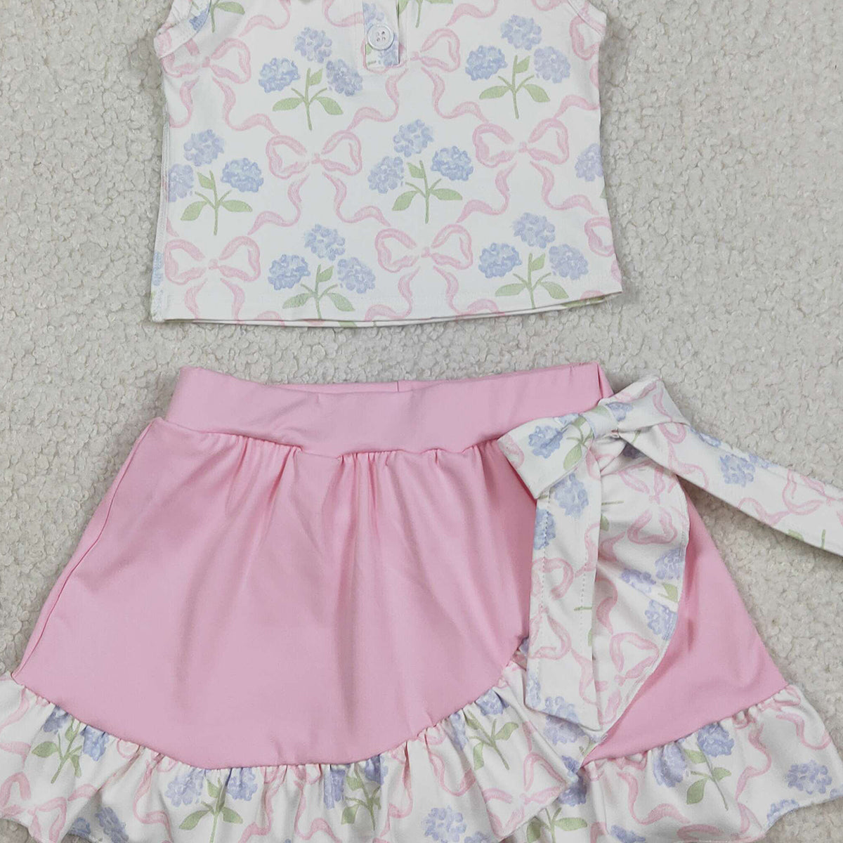 2.2 RTS NO MOQ （In stock）GSD3478 Baby Girls Bows Flowers Button Vest Top Ruffle Skirt Shorts Yoga Active Clothes Sets