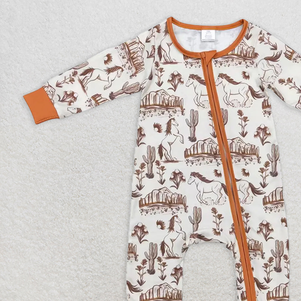 USA Shop (in stock)LR1164 Baby Girls Winter Rompers Long sleeves horse cactus baby kids western bamboo zipper romper