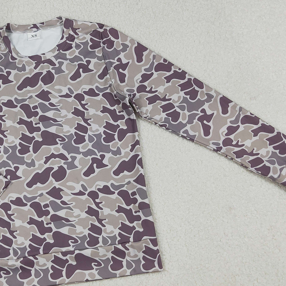 9.30  RTS NO MOQ （In stock）GT1124 Adult Women Dark Gray Camo Southern Long Sleeve Tee Shirts Top
