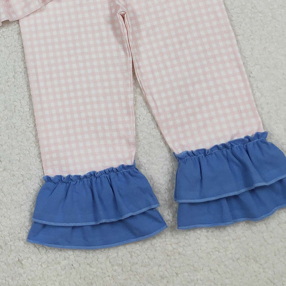 RTS NO MOQ （In stock）GLP2379 Baby Girls Winter Outfits Long Sleeves Pink Floral Stripe Tunic Ruffle Pants Set