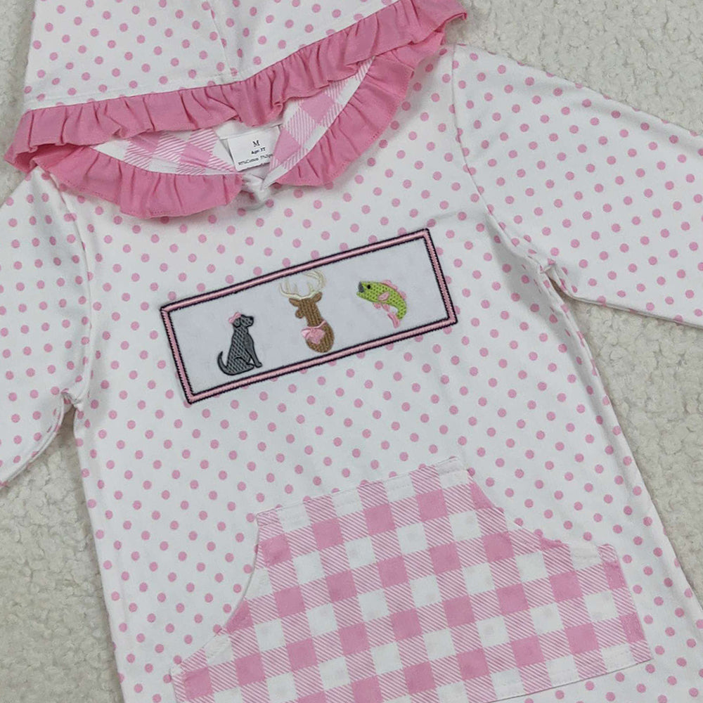 8.21 RTS NO MOQ （In stock）GT1106 Baby Girls Long Sleeve Tops Embroidery Dogs Deer Fish Baby Girls Polka Dots Pocket Hoodies Top