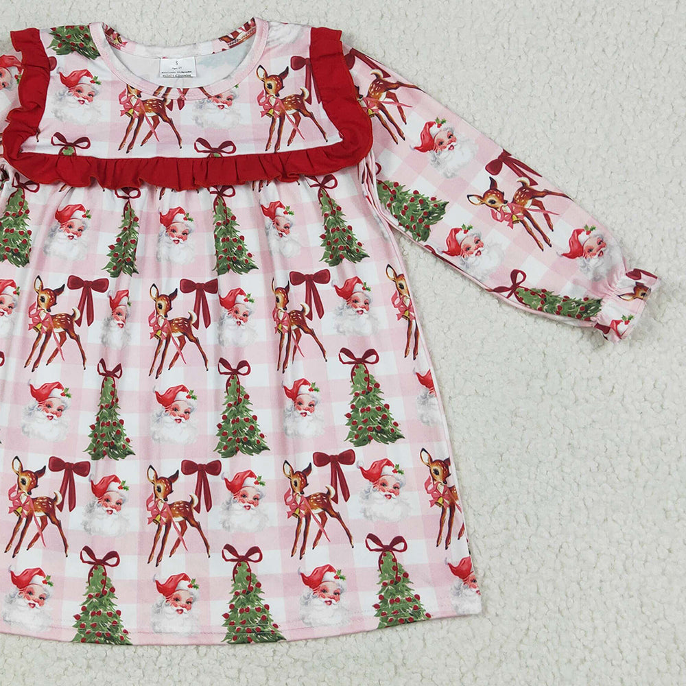 8.15 GLD1092 RTS NO MOQ Baby Girls Winter Dress Baby Girls Plaid Long Ruffle Sleeves Santa Trees Knee Length Dresses