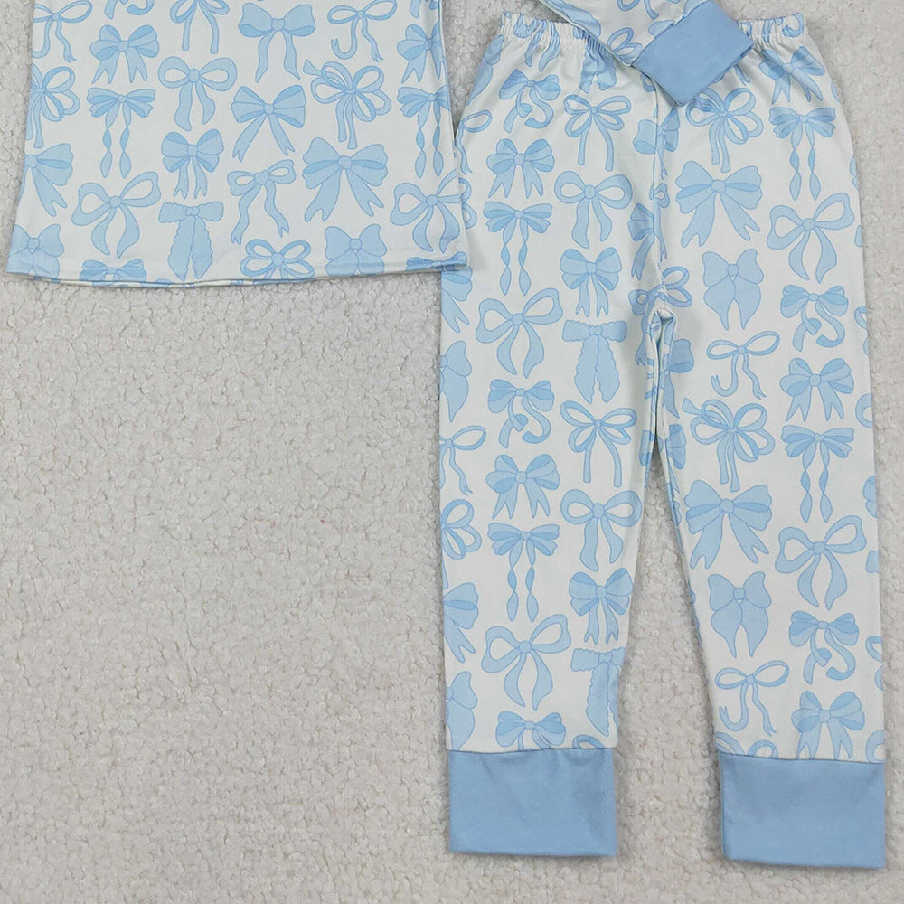 RTS NO MOQ （In stock）GLP2724  Baby Girls Winter Outfits Light Blue Long Sleeve Pajamas for Girls Kids Girls