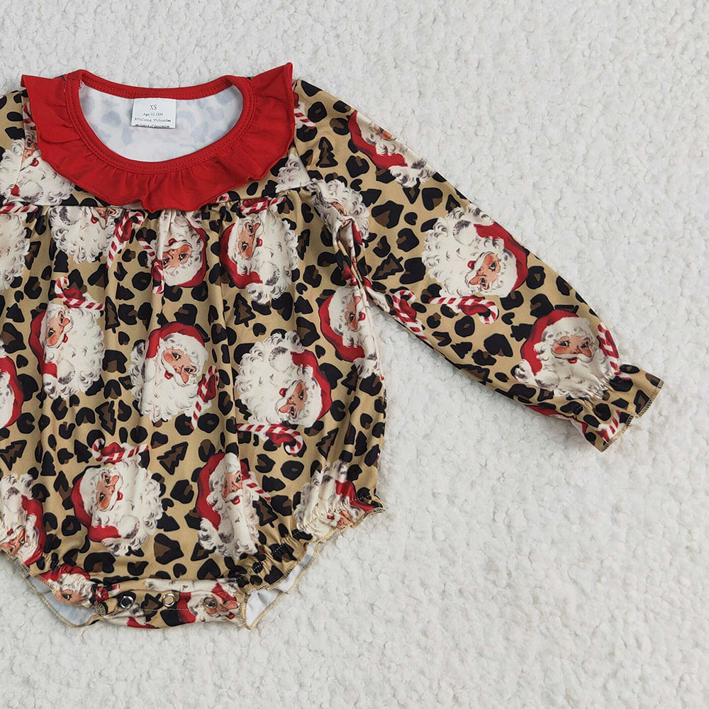 8.13   LR2237 RTS NO MOQ Baby Girls Winter Rompers Baby Girls Long Sleeves Leopard Santa Ruffle Rompers