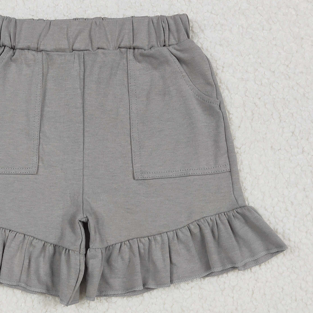 7.06 SS0563 RTS NO MOQ Baby Girls Summer Shorts Baby Girls Gray Pockets Summer Cotton Ruffle Short Bottoms