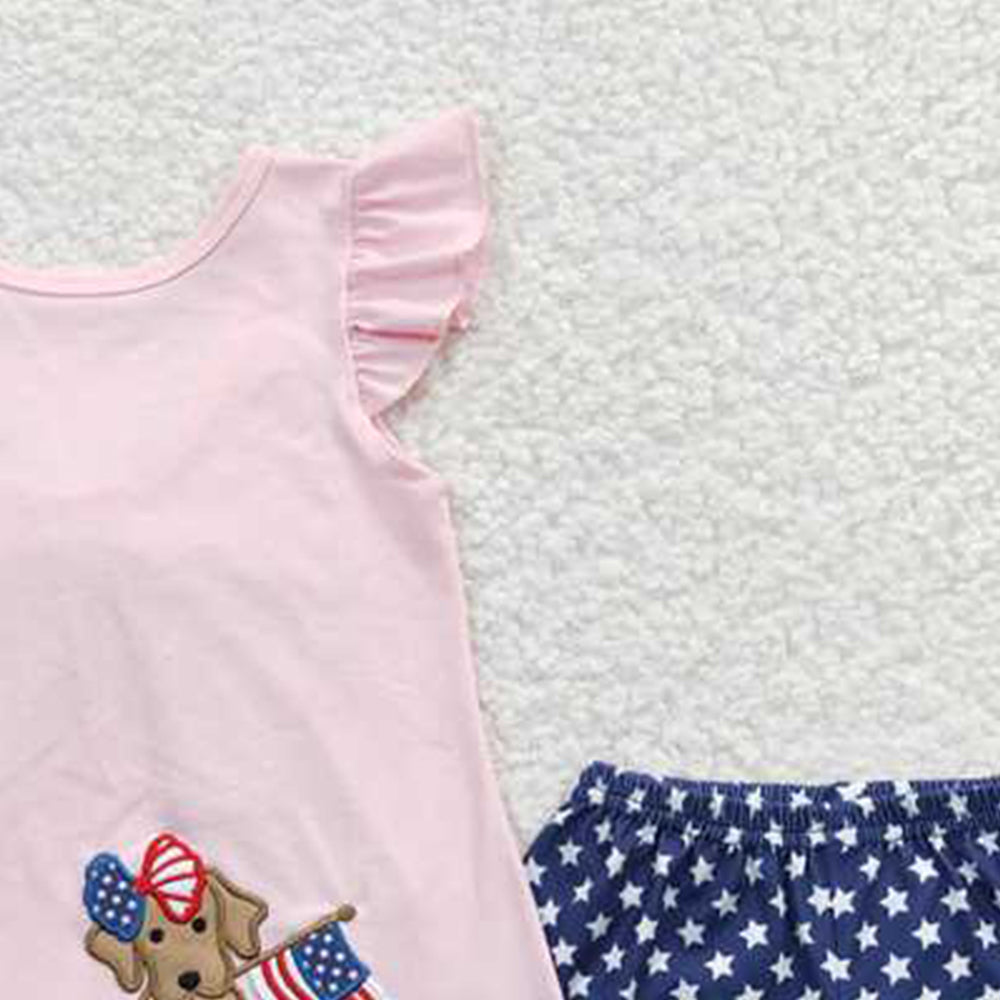 GSSO0236Girls Backless Bow Dog Flag Embroidery 4th of July Clothes Fourth of July Outfit Pet Friendly Patriotic Fashion