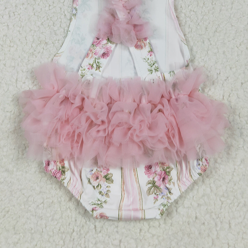 RTS NO MOQ （In stock）SR2964 Baby Girls Summer Rompers Baby Infant Girls Pink Tulle Strap Floral Stripe Ruffle Rompers