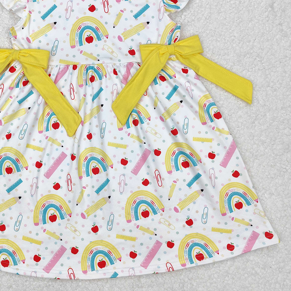 GSD1823Rainbow Girls Flutter Sleeve Apple Pencil Dress Cute Back to School Dress for Kids