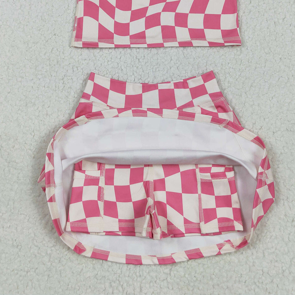 4.23 GSD2329 RTS NO MOQ Baby Girls Yoga Outfits Sleeveless pink plaid top skirt kids girls active wear set