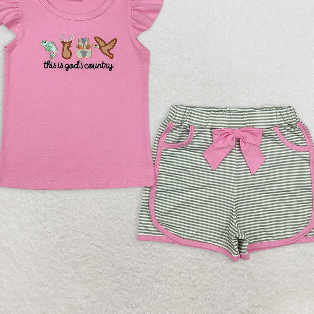 GSSO1614RTS NO MOQ Baby Girls Summer Outfits Baby Girls Embroidery God Country Hunting Shirt Bow Shorts Clothes Sets