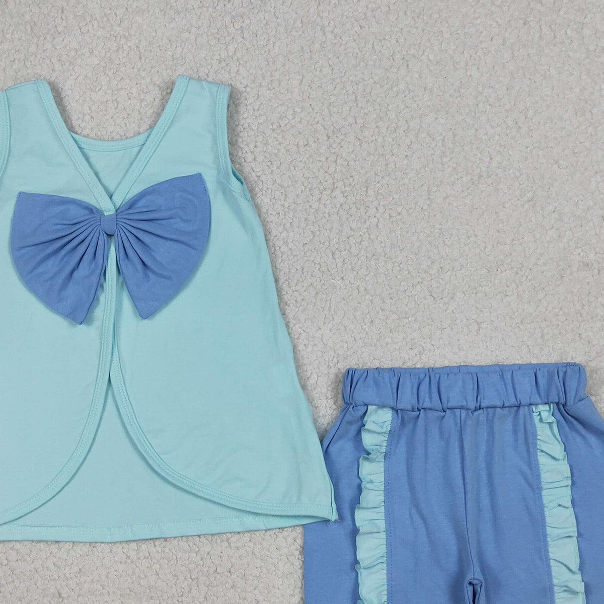 4.1 RTS NO MOQ （In stock）GSSO3463 Sleeveless bow tunic blue shorts girls summer outfits