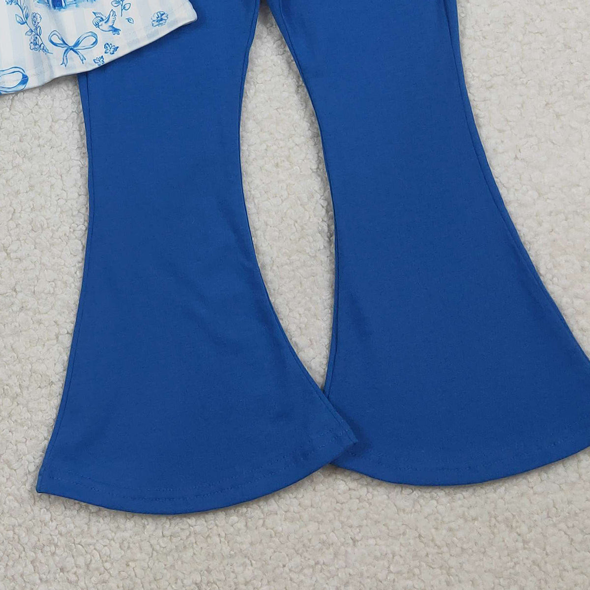 1.14 RTS NO MOQ （In stock）GLP3283 Baby Girls Blue Stripe Bows Castles Tunic Bell Bottom Pants Clothes Sets