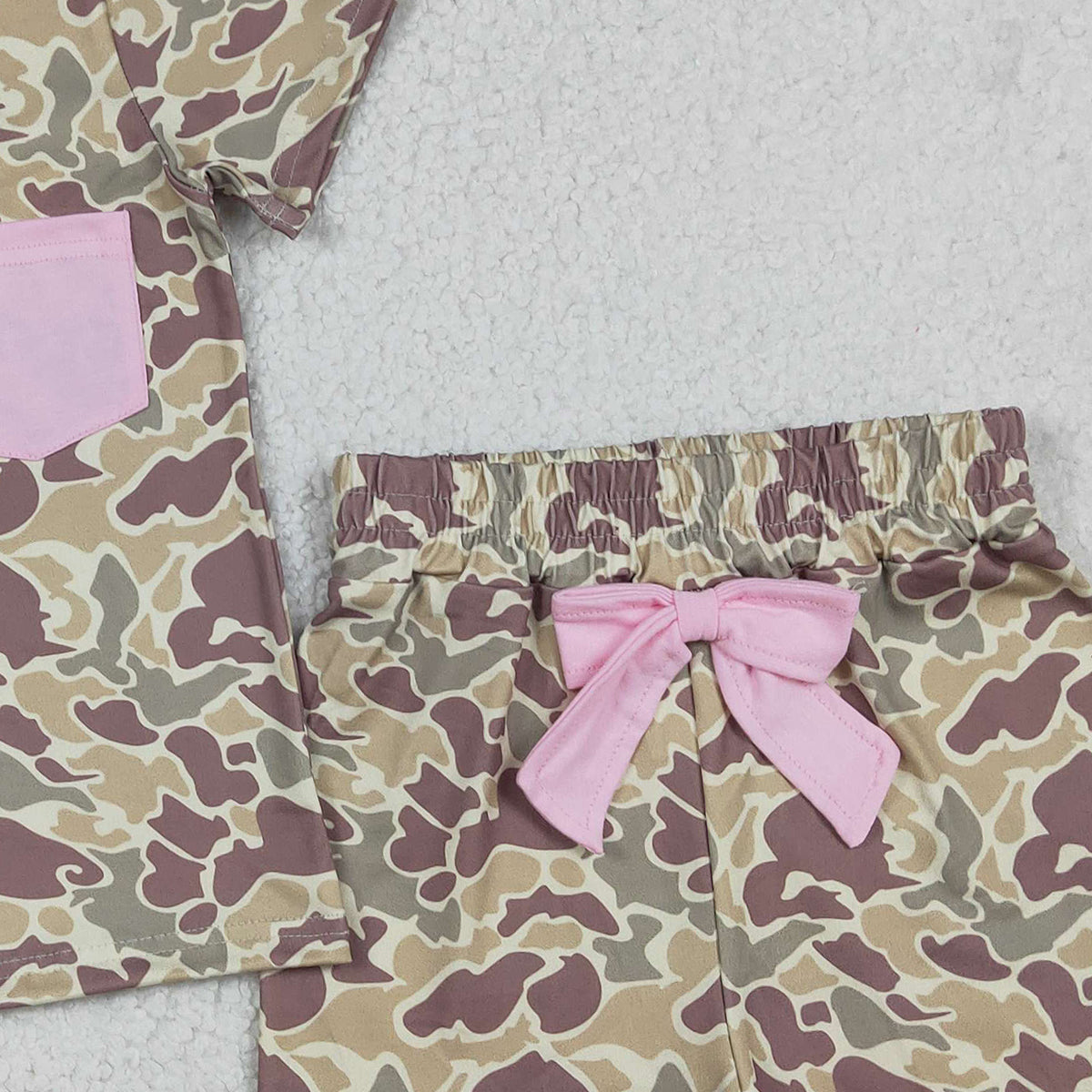 12.30 RTS NO MOQ （In stock）GSSO2994 Baby Girls Southern Khaki Camo Pocket Top Shorts Pajamas Sets