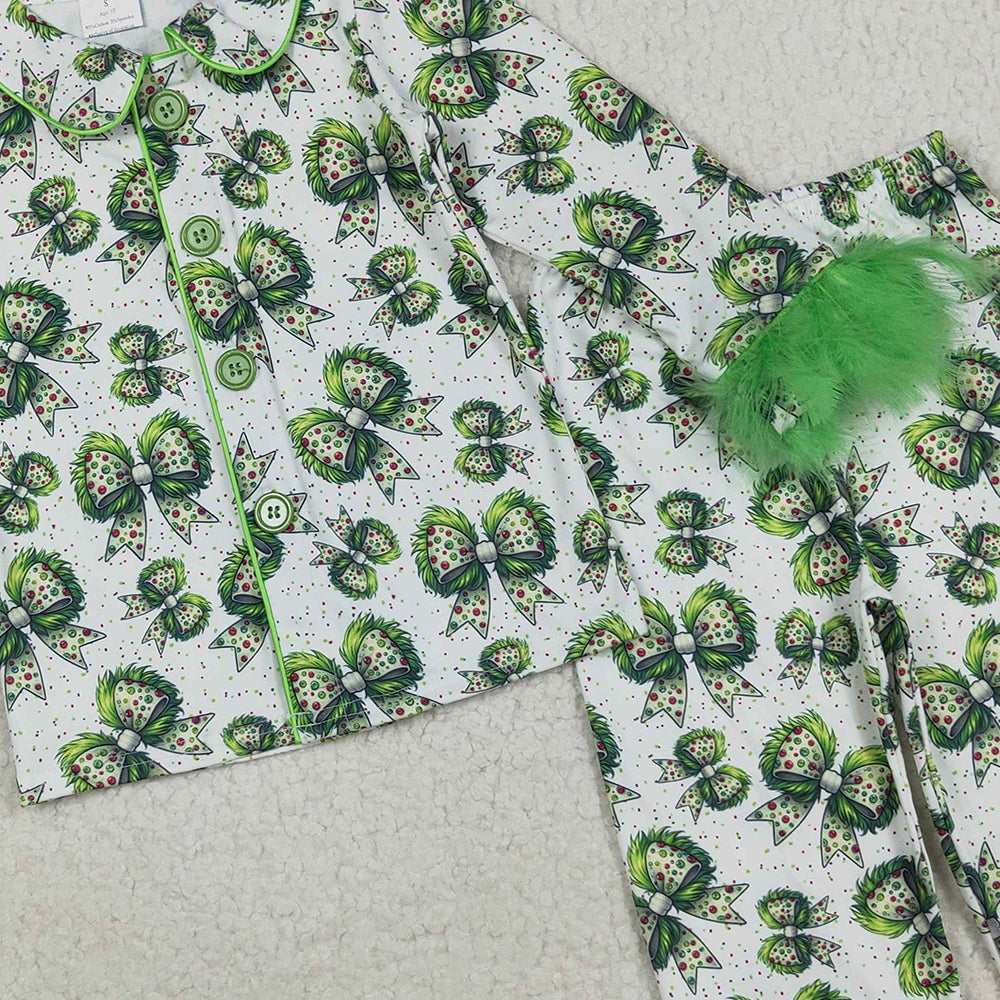 8.23 RTS NO MOQ （In stock）GLP2582 Baby Girls Winter Outfits Baby Girls Fur Sleeves Green Bows Plaid Button Top Pant Christmas Pajamas Set