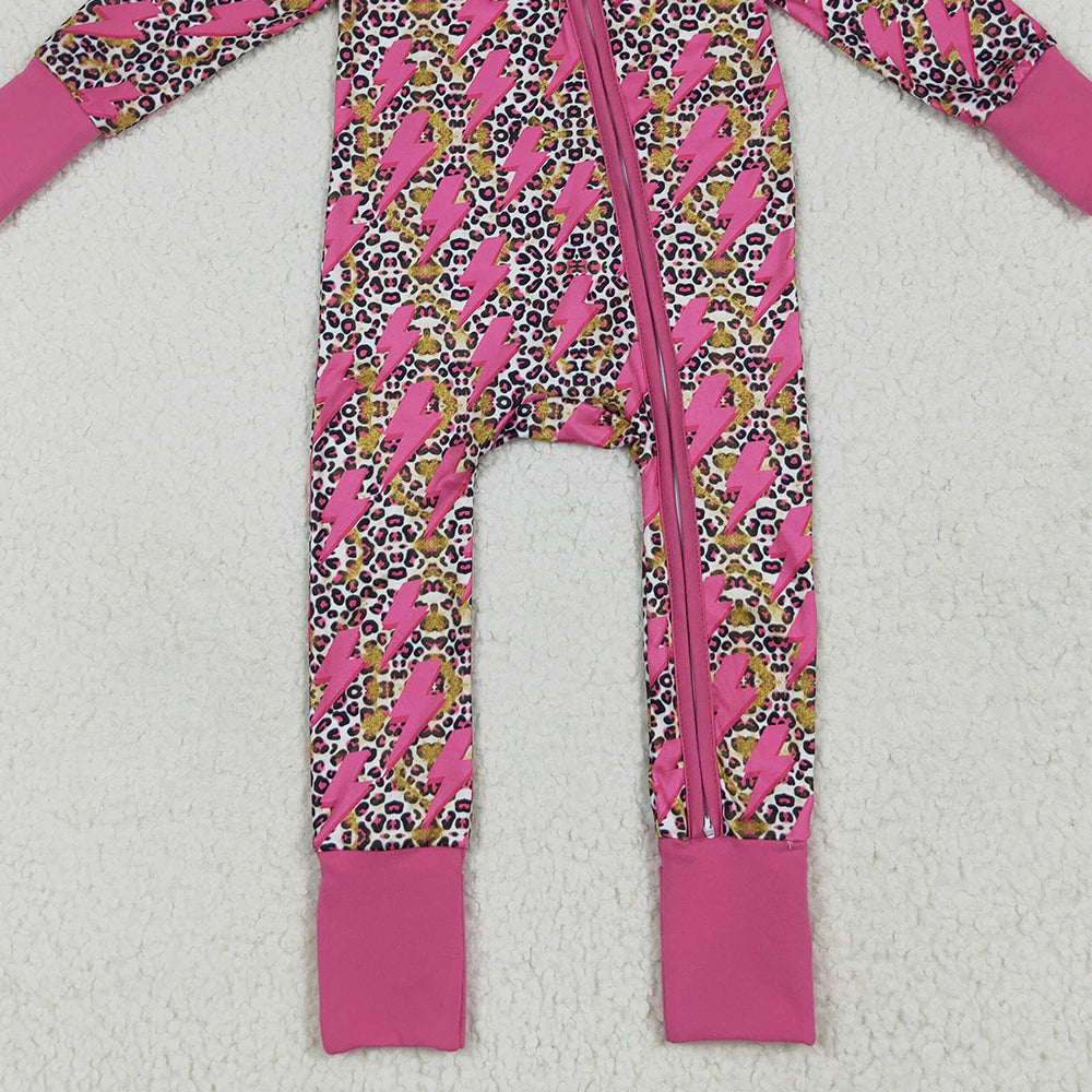 RTS NO MOQ （In stock） LR2250 Baby Girls Winter Rompers Baby Girls Western Pink Lightning Leopard Zipper Rompers
