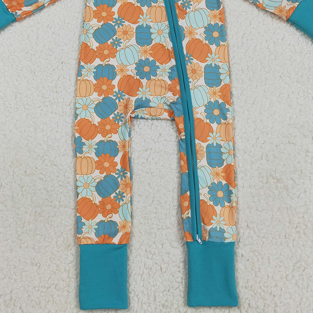 RTS NO MOQ （In stock）LR2461 Baby Boys Winter Rompers Baby Boys Colorful Pumpkins Flowers Fall Zipper Footie Rompers