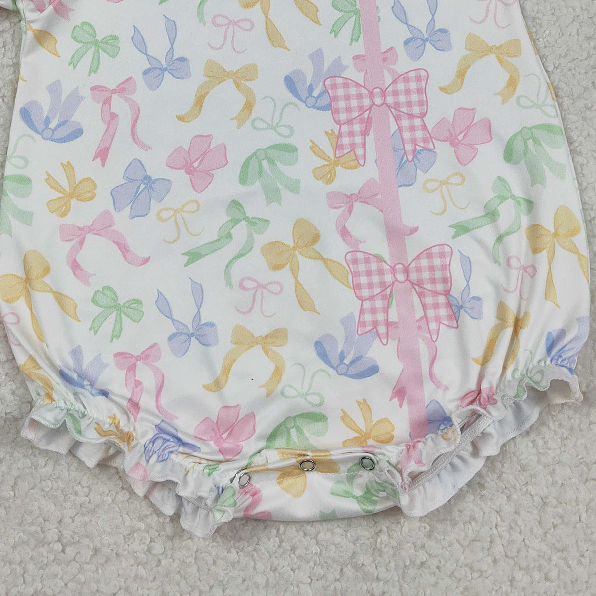 3.13 RTS NO MOQ （In stock）SR3672 Children's Fashion Romper Baby Girls Short Sleeve Colorful Bows Button Ruffle Rompers