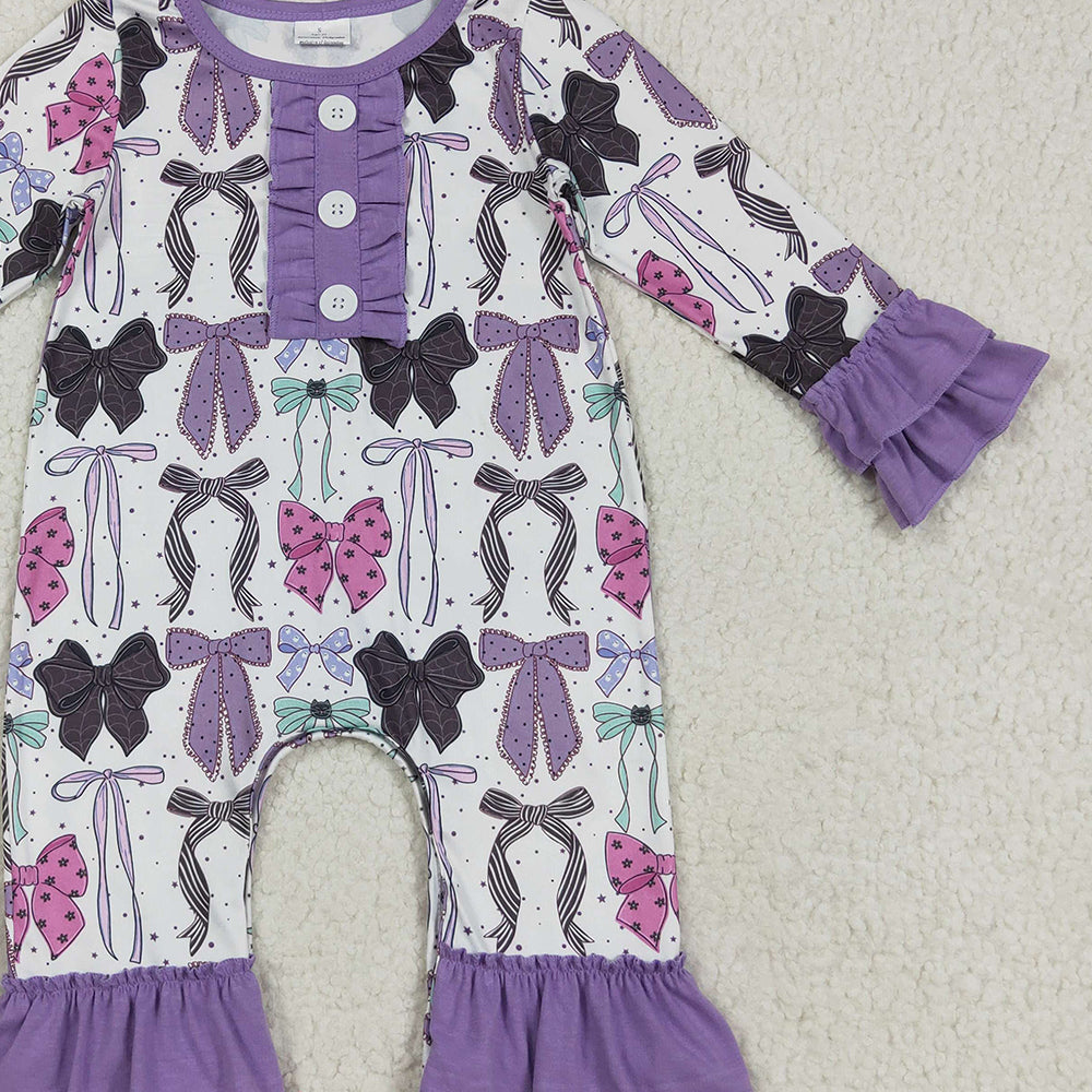 RTS NO MOQ （In stock）LR2355 Baby Girls Winter Rompers Baby Girls Long Ruffle Sleeves Purple Bows Button Pant Rompers