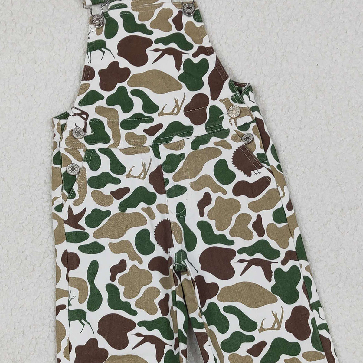 11.5 RTS NO MOQ （In stock）P0828 Baby Boys Deer Ducks Turkey Camo Hunting Denim Jumpsuits