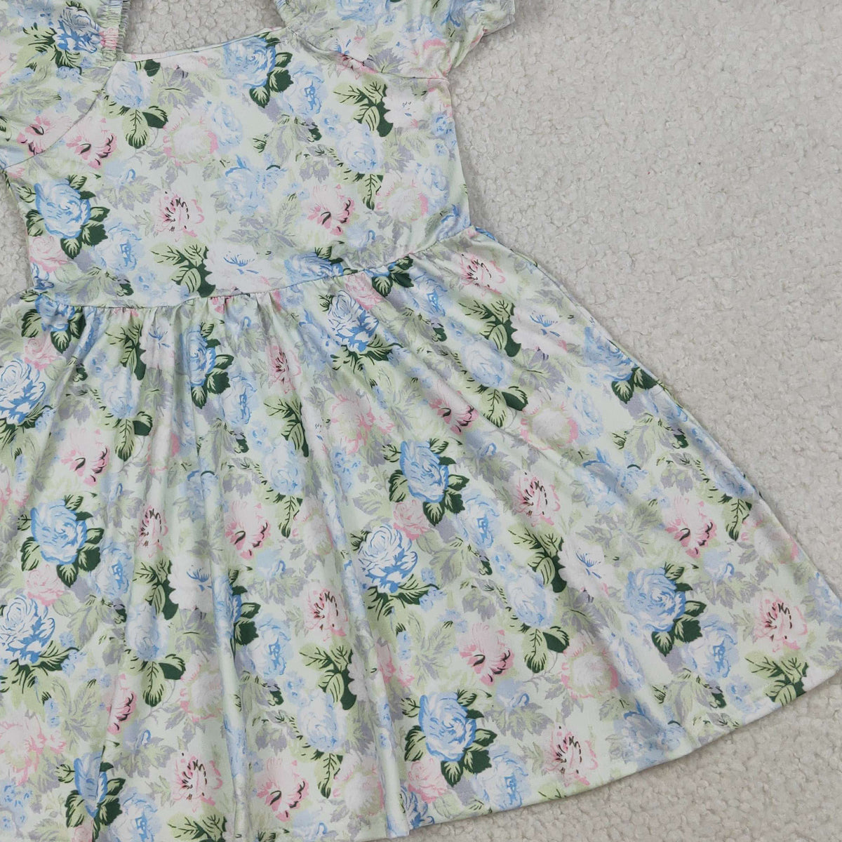 3.19 RTS NO MOQ （In stock）GSD3615 Kids Fashion Clothes Baby Girls Short Sleeve Ruffle Colorful Flowers Knee Length Dresses