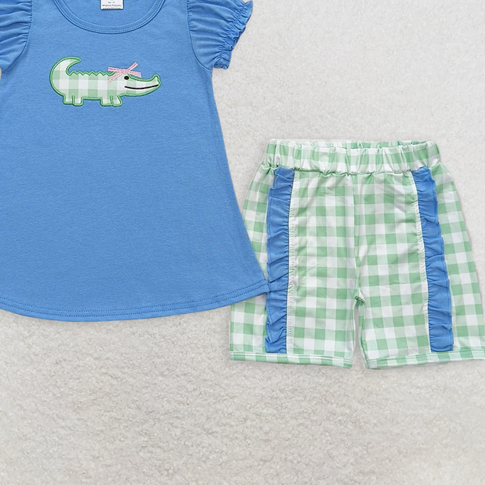 GSSO0850RTS NO MOQ Baby Girls Summer Outfits  Embroidered bow crocodile blue short-sleeved green plaid shorts suit