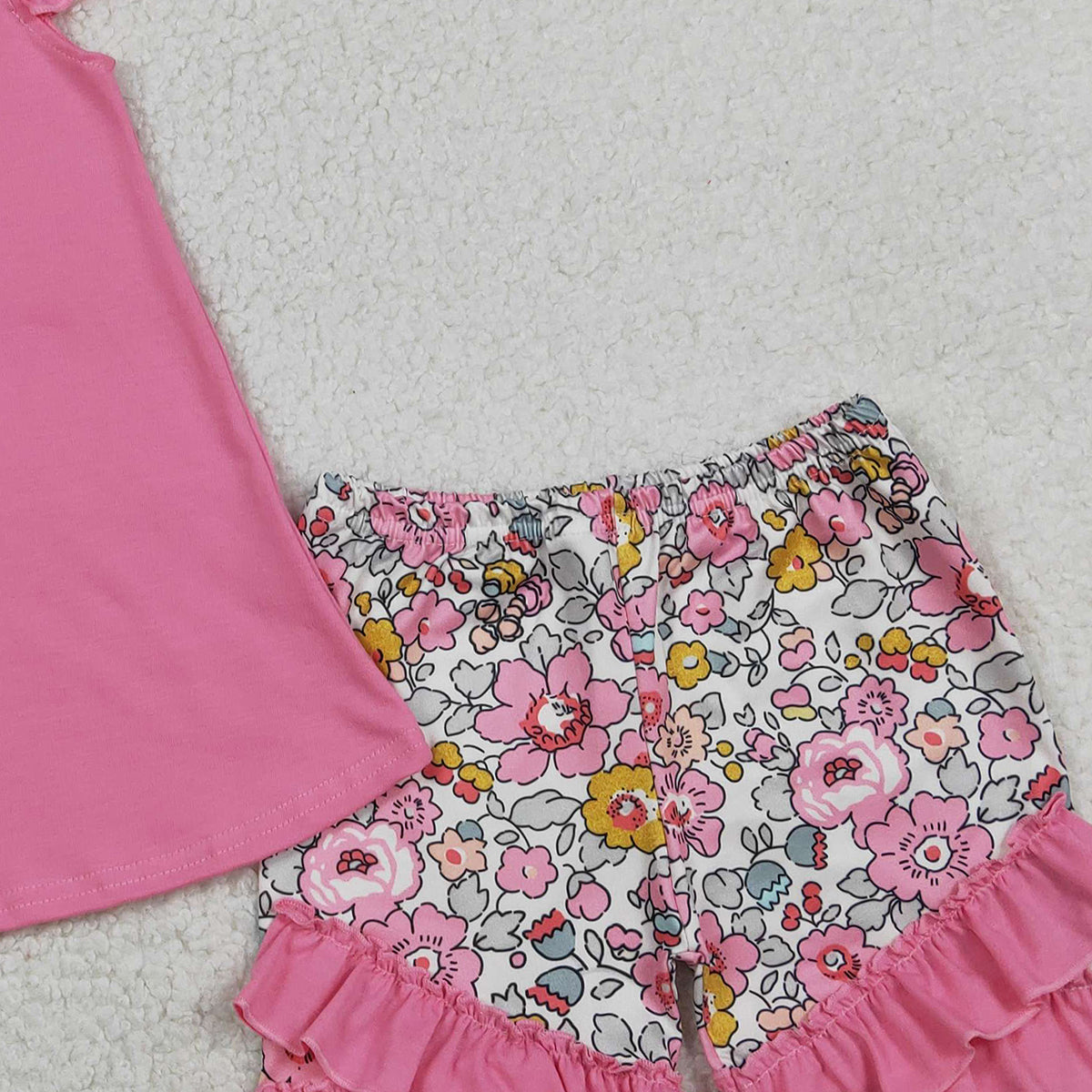 1.26 RTS NO MOQ （In stock）GSSO3069 Embroidery Floral Crosses Baby Girls Tunic Ruffle Shorts Easter Clothes Sets