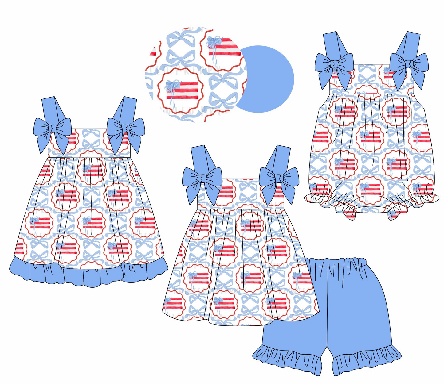 Blue straps bow flag kids girls 4th of july outfits