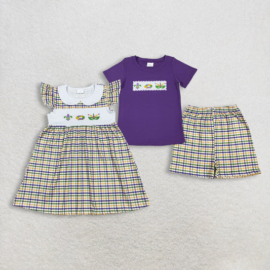 12.17 RTS Sibling Baby Kids Mardigras Checked Embroidery Donuts Anchors Shorts Clothes Set Dresses